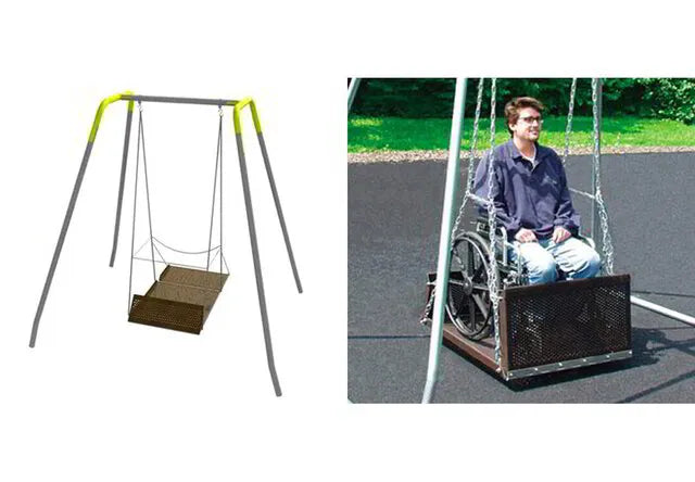 Accessible handicap swing in a playground, designed for children with disabilities, featuring safety harnesses and wheelchair-friendly design.