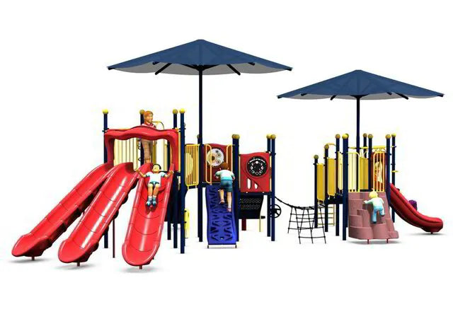 Adventure-themed playground with climbing structures and imaginative play areas, encouraging active play and exploration.