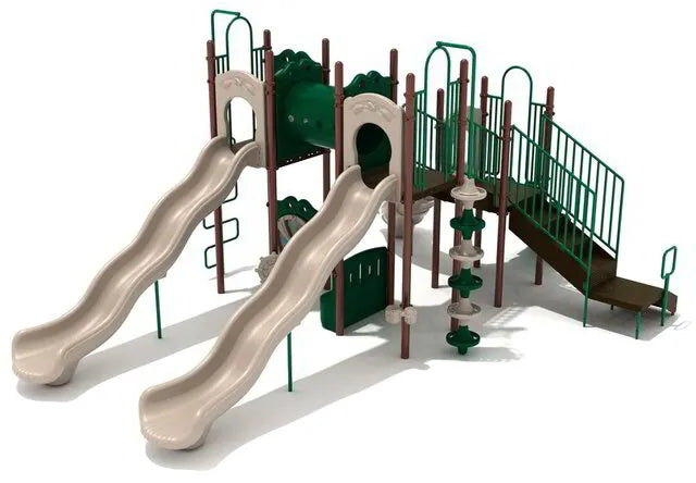 Children actively engaging in play on the Keystone Crossing Play System, featuring multiple levels, slides, and climbing structures for adventurous outdoor fun.